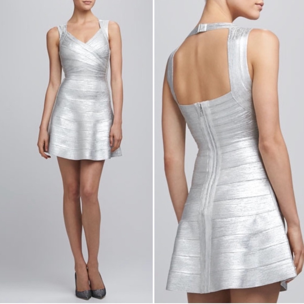 Herve Leger Breton Woodgrain Foil-Print Dress